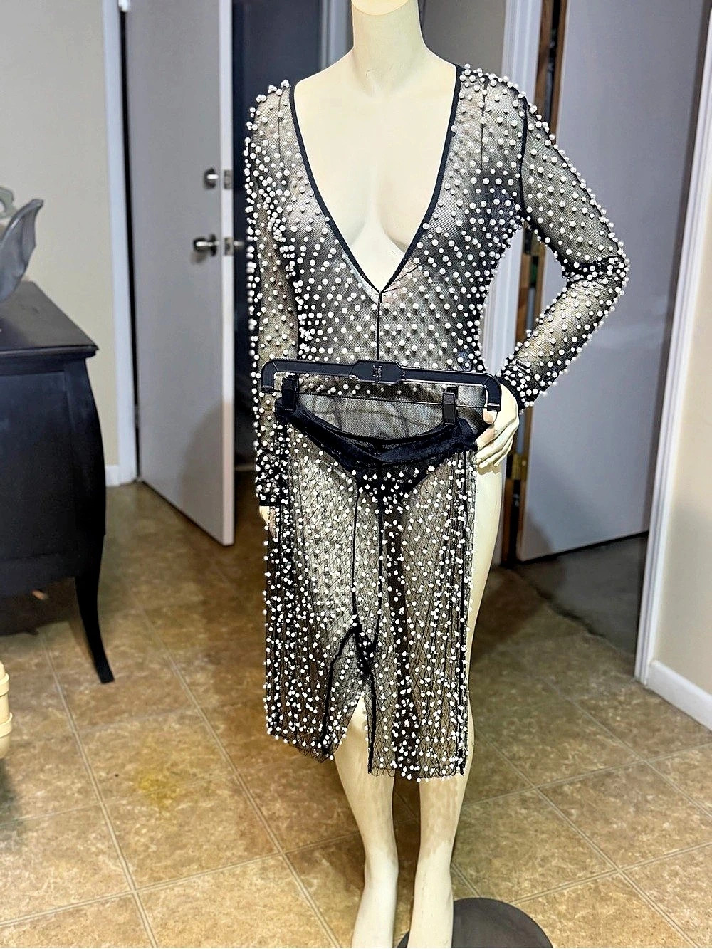 Akira Black & White mesh Pearl Embellished Bodysuit with shorts